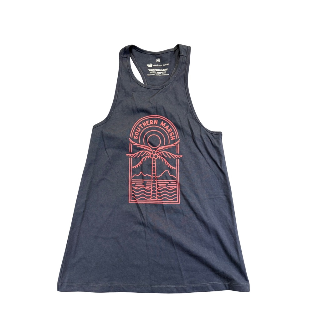 Southern Marsh Womens XS Navy Blue Palm Tree Graphic Racerback Tank Top Cotton